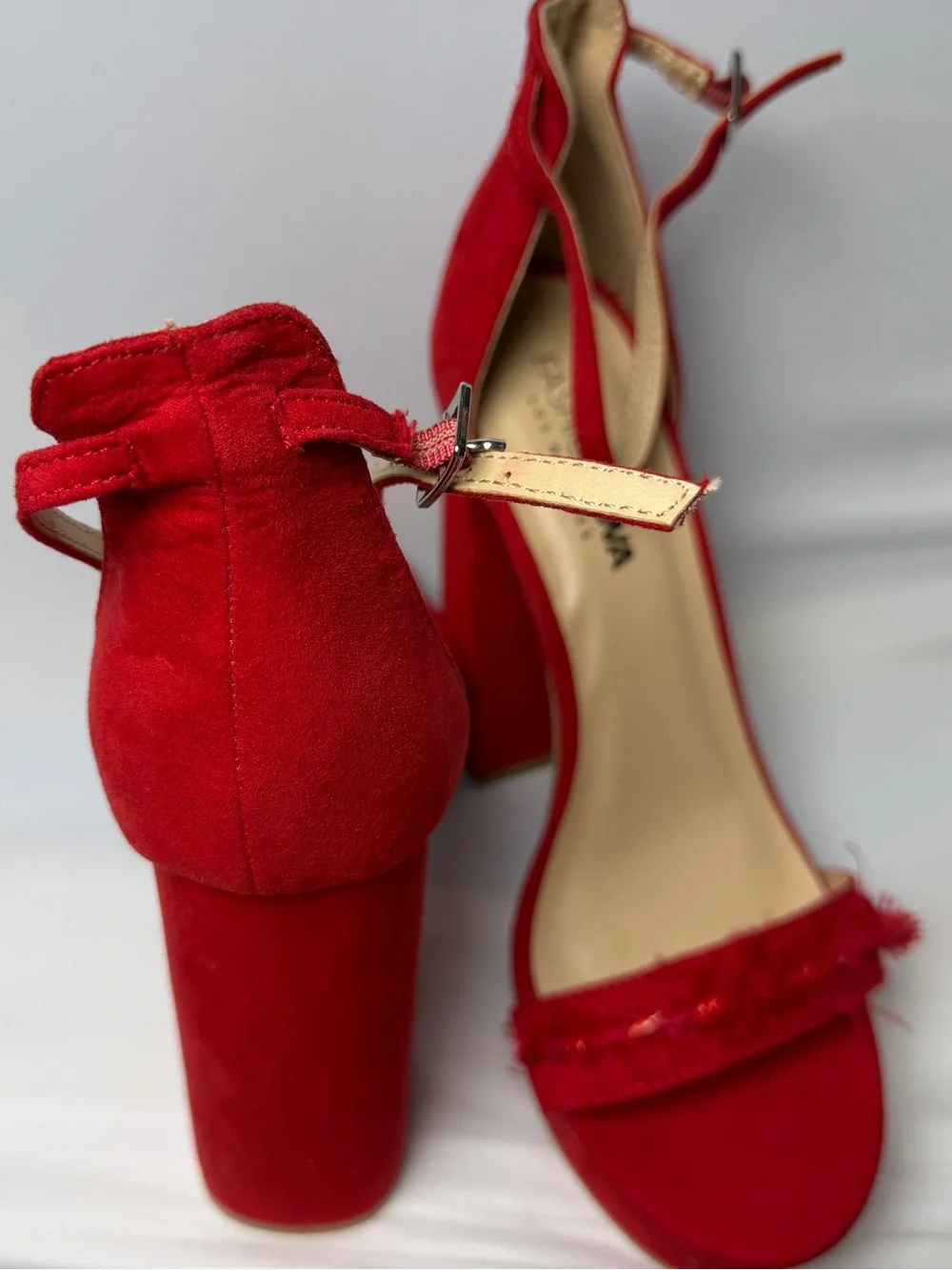 Fashion Nova Red Suede Block Heel Sandals with Ankle Strap and Fringe